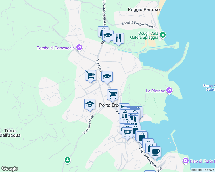 map of restaurants, bars, coffee shops, grocery stores, and more near Via Provinciale Orbetellana in Porto Ercole