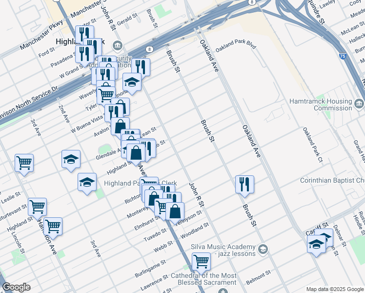 map of restaurants, bars, coffee shops, grocery stores, and more near 105 Rhode Island Street in Highland Park