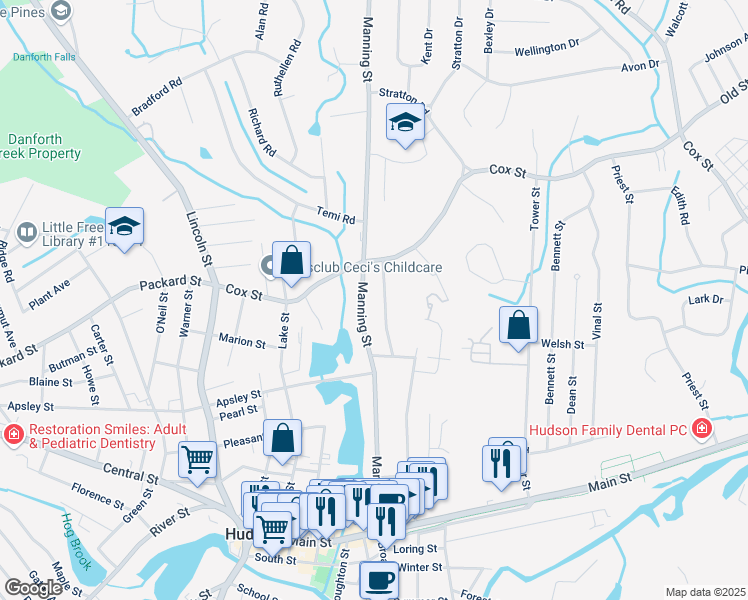 map of restaurants, bars, coffee shops, grocery stores, and more near 124 Manning Street in Hudson