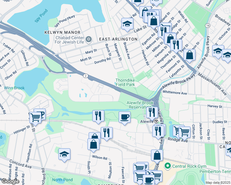 map of restaurants, bars, coffee shops, grocery stores, and more near 10 Acorn Park Drive in Cambridge