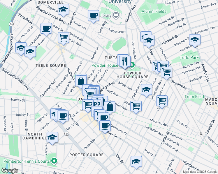 map of restaurants, bars, coffee shops, grocery stores, and more near 81 College Avenue in Somerville