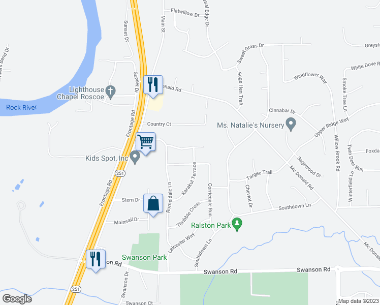 map of restaurants, bars, coffee shops, grocery stores, and more near 5635 Tall Pines Parkway in Roscoe