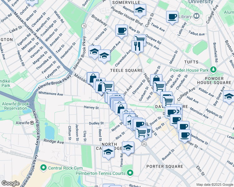 map of restaurants, bars, coffee shops, grocery stores, and more near 29 Camp Street in Cambridge
