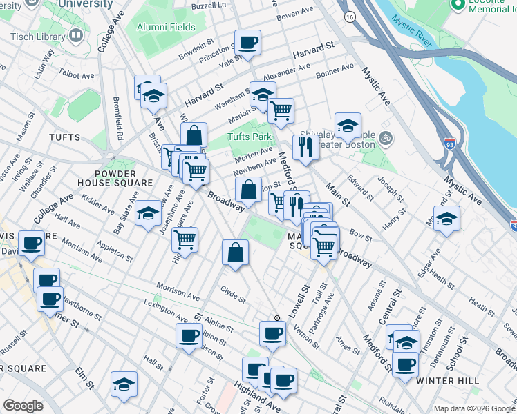 map of restaurants, bars, coffee shops, grocery stores, and more near 5 Alfred Terrace in Medford