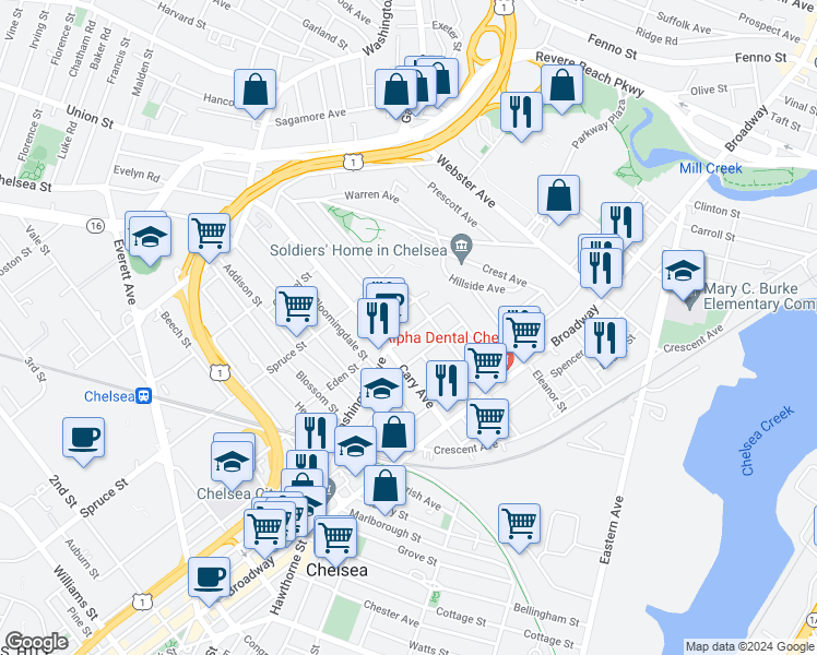 map of restaurants, bars, coffee shops, grocery stores, and more near 28 Gardner Street in Chelsea