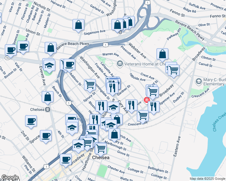map of restaurants, bars, coffee shops, grocery stores, and more near 183 Washington Avenue in Chelsea