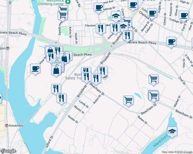 map of restaurants, bars, coffee shops, grocery stores, and more near 10 Langdon Street in Everett