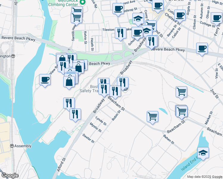 map of restaurants, bars, coffee shops, grocery stores, and more near 10 Langdon Street in Everett