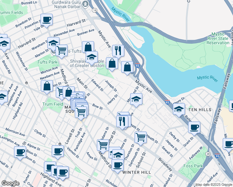 map of restaurants, bars, coffee shops, grocery stores, and more near 40 Joseph Street in Medford