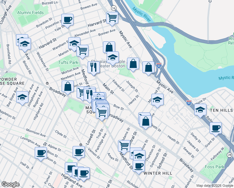 map of restaurants, bars, coffee shops, grocery stores, and more near 55 Dexter Street in Medford