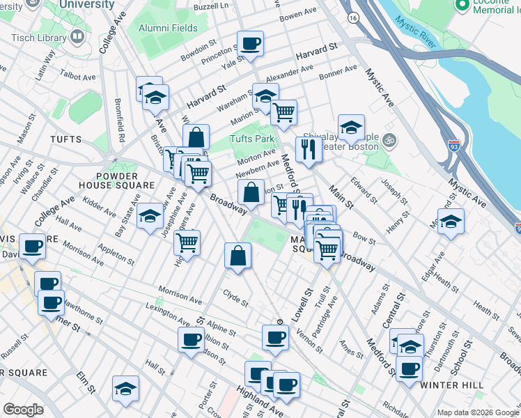 map of restaurants, bars, coffee shops, grocery stores, and more near 5 Alfred Terrace in Medford