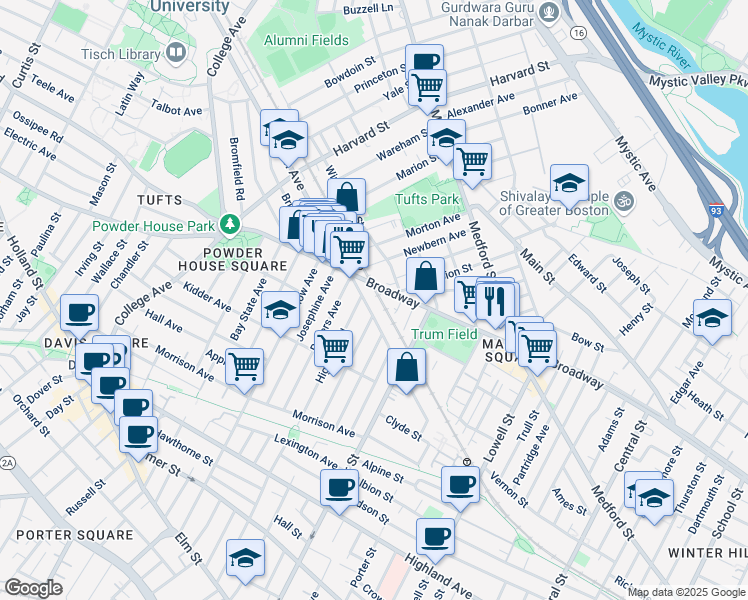 map of restaurants, bars, coffee shops, grocery stores, and more near 135 Boston Avenue in Somerville