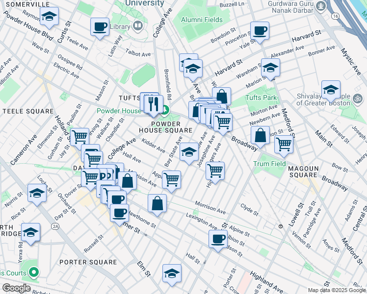 map of restaurants, bars, coffee shops, grocery stores, and more near 46 Bay State Avenue in Somerville