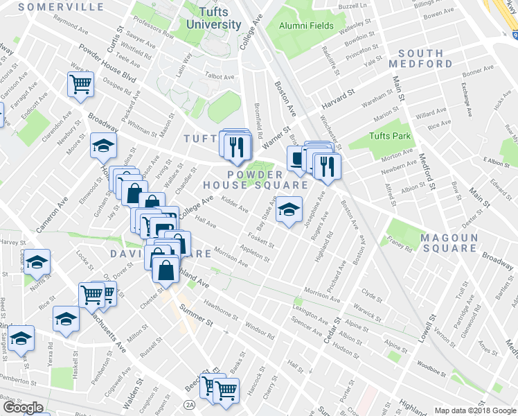 map of restaurants, bars, coffee shops, grocery stores, and more near 59 Liberty Avenue in Somerville