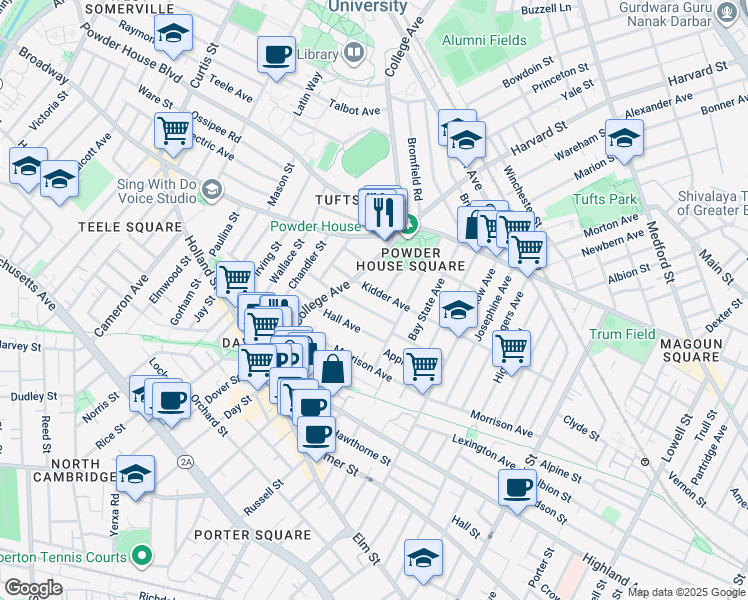 map of restaurants, bars, coffee shops, grocery stores, and more near 21 Kidder Avenue in Somerville