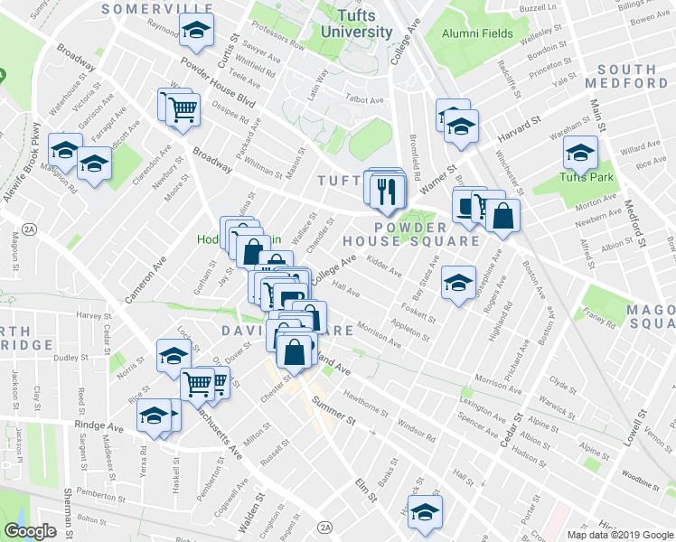 map of restaurants, bars, coffee shops, grocery stores, and more near 89 College Avenue in Somerville