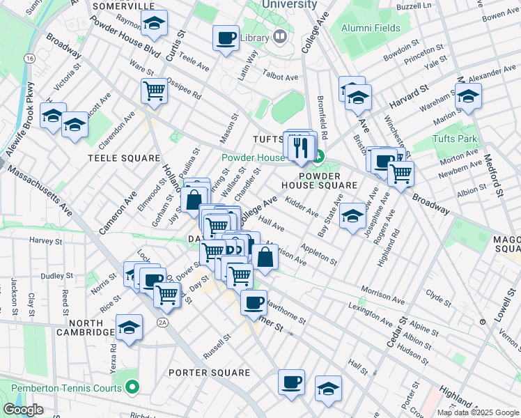 map of restaurants, bars, coffee shops, grocery stores, and more near 89 College Avenue in Somerville