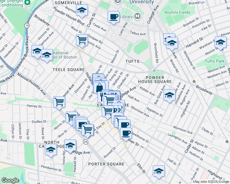 map of restaurants, bars, coffee shops, grocery stores, and more near 37 Wallace Street in Somerville