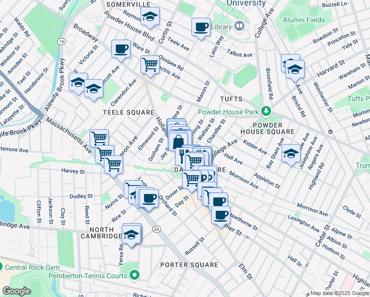 map of restaurants, bars, coffee shops, grocery stores, and more near in Somerville
