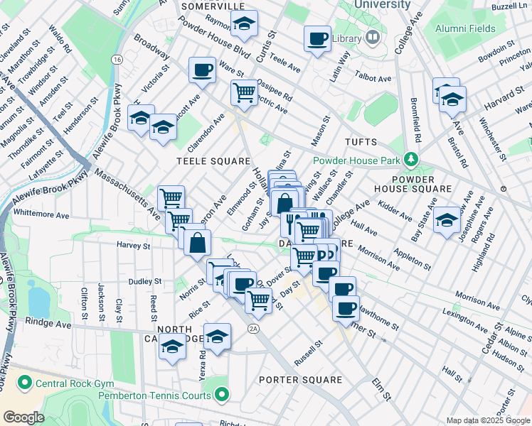 map of restaurants, bars, coffee shops, grocery stores, and more near 20 Gorham Street in Somerville