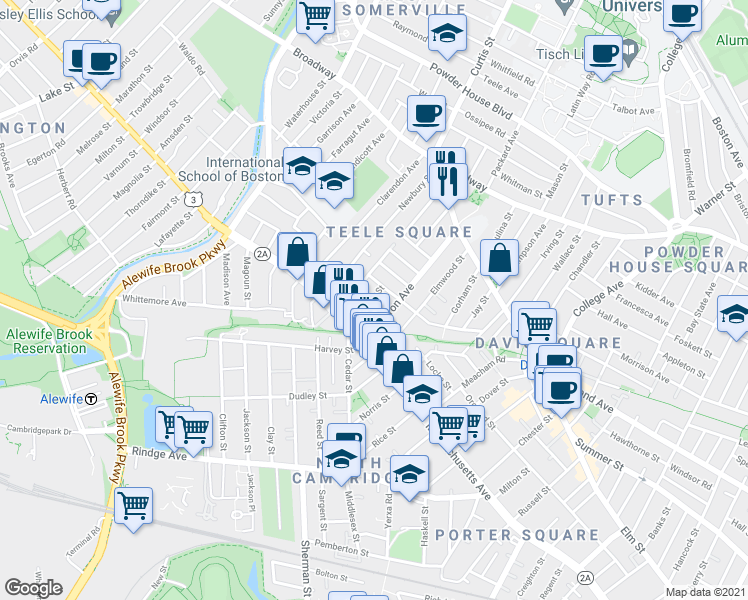 map of restaurants, bars, coffee shops, grocery stores, and more near 29 Camp Street in Cambridge