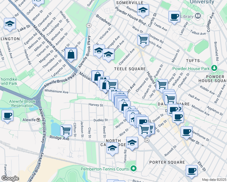 map of restaurants, bars, coffee shops, grocery stores, and more near 2473 Massachusetts Avenue in Cambridge