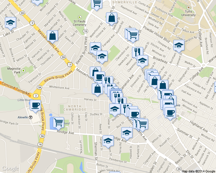 map of restaurants, bars, coffee shops, grocery stores, and more near 2473 Massachusetts Avenue in Cambridge