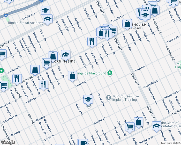 map of restaurants, bars, coffee shops, grocery stores, and more near 4674 Haverhill Street in Detroit