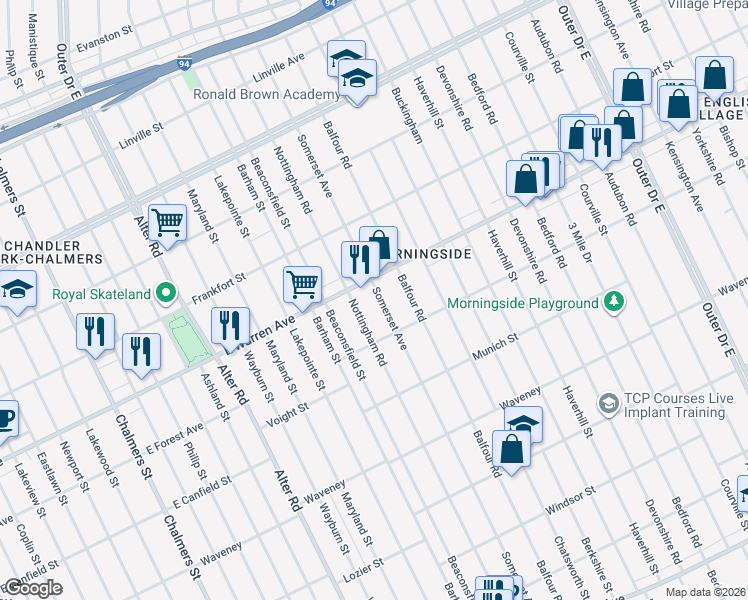 map of restaurants, bars, coffee shops, grocery stores, and more near 4884 Somerset Avenue in Detroit
