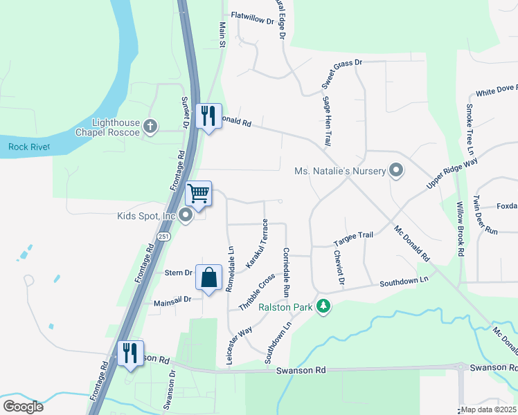 map of restaurants, bars, coffee shops, grocery stores, and more near 5635 Tall Pines Parkway in Roscoe