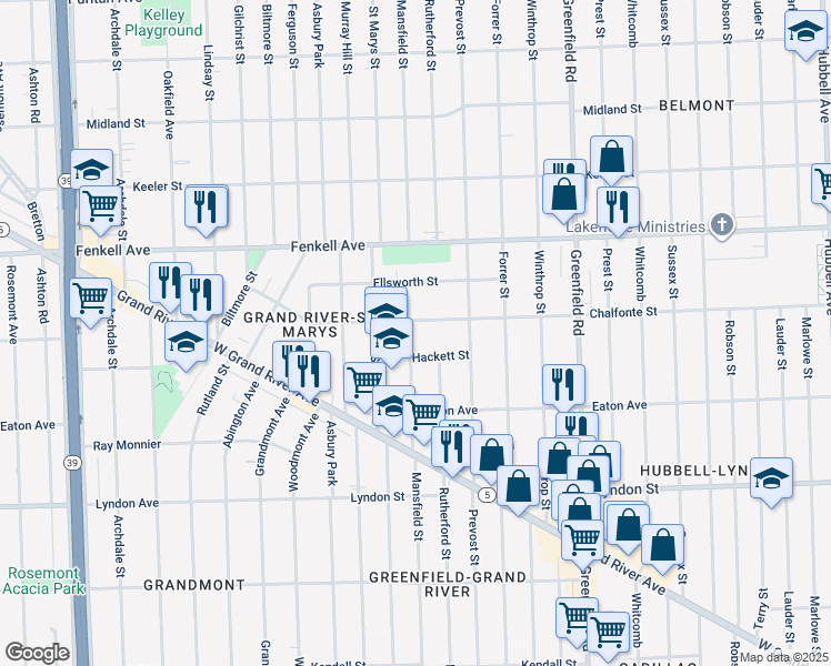 map of restaurants, bars, coffee shops, grocery stores, and more near 16011 Chalfonte Street in Detroit