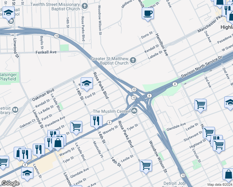 map of restaurants, bars, coffee shops, grocery stores, and more near 1659 Pasadena Street in Detroit