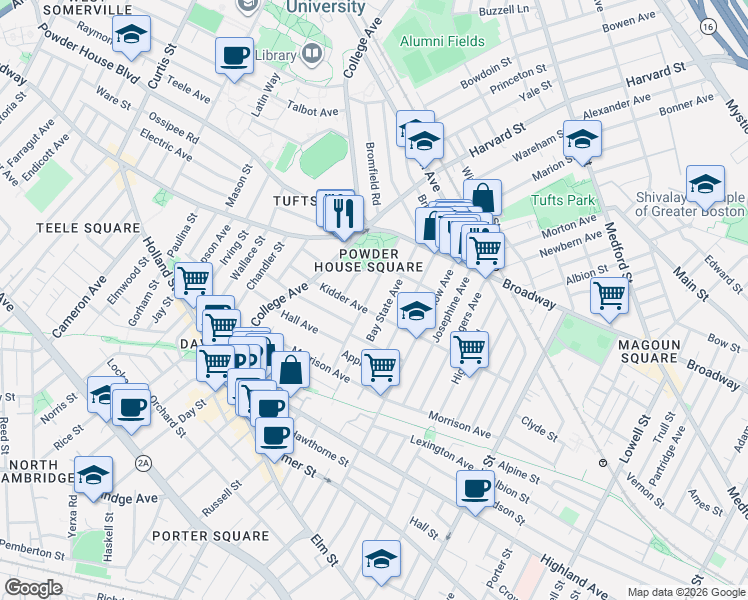 map of restaurants, bars, coffee shops, grocery stores, and more near 62 Liberty Avenue in Somerville