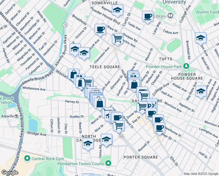map of restaurants, bars, coffee shops, grocery stores, and more near 64 Cameron Avenue in Somerville