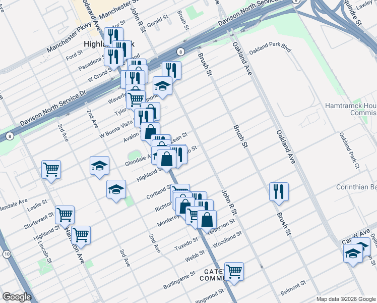 map of restaurants, bars, coffee shops, grocery stores, and more near 76 Colorado Street in Highland Park