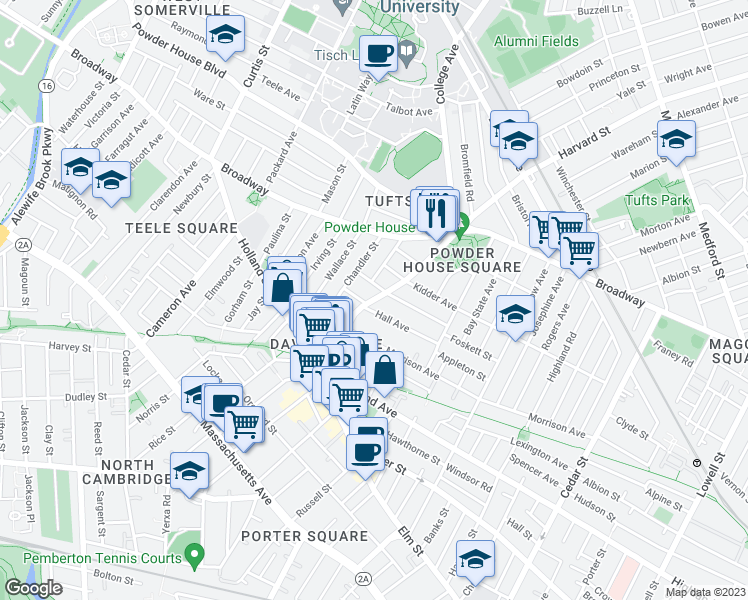 map of restaurants, bars, coffee shops, grocery stores, and more near 77 College Avenue in Somerville