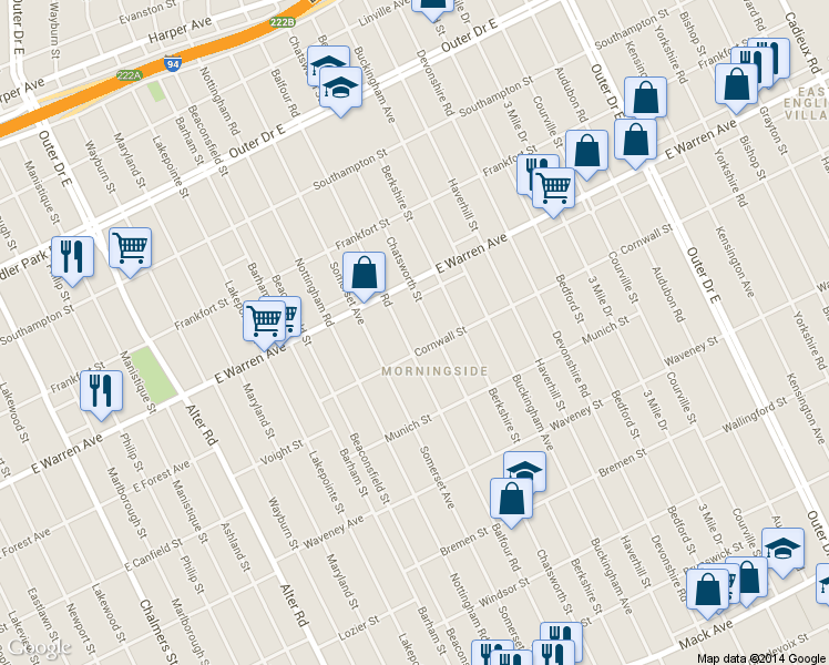map of restaurants, bars, coffee shops, grocery stores, and more near 4834 Balfour Rd in Detroit