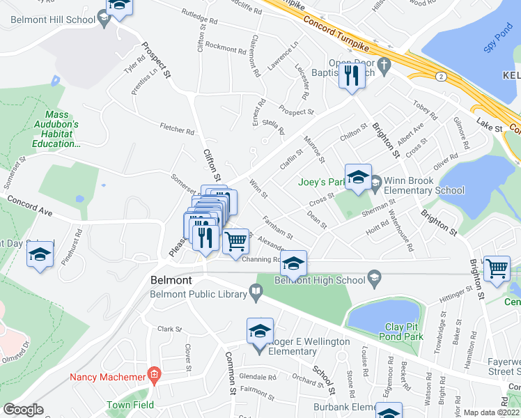 map of restaurants, bars, coffee shops, grocery stores, and more near 52 Farnham Street in Belmont