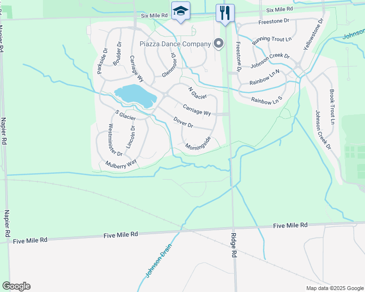 map of restaurants, bars, coffee shops, grocery stores, and more near 15938 Morningside in Northville