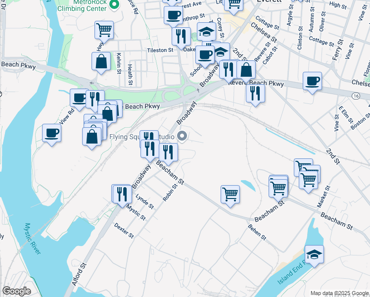 map of restaurants, bars, coffee shops, grocery stores, and more near 20 Factory Street in Everett