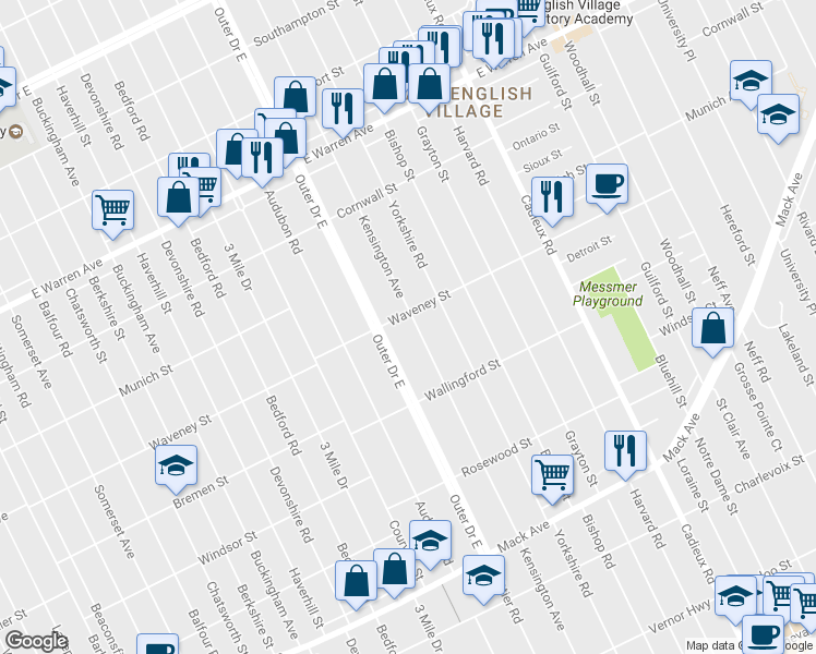 map of restaurants, bars, coffee shops, grocery stores, and more near 4251 Kensington Ave in Detroit