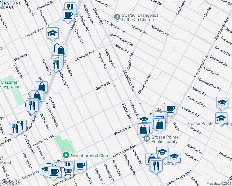 map of restaurants, bars, coffee shops, grocery stores, and more near 709 Fisher Road in Grosse Pointe
