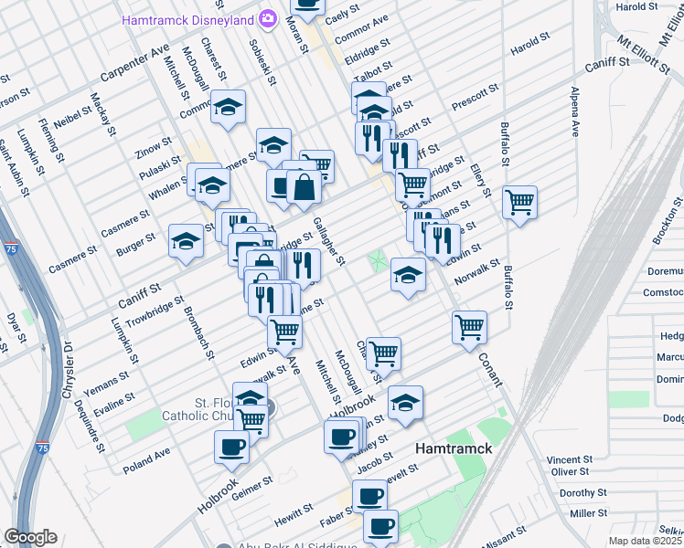 map of restaurants, bars, coffee shops, grocery stores, and more near 11687 McDougall Street in Hamtramck