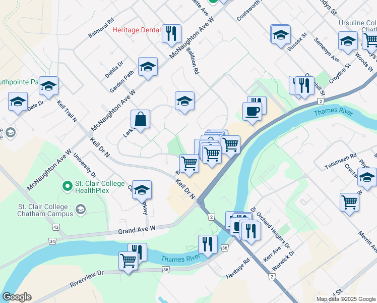 map of restaurants, bars, coffee shops, grocery stores, and more near 57 Baldoon Road in Chatham