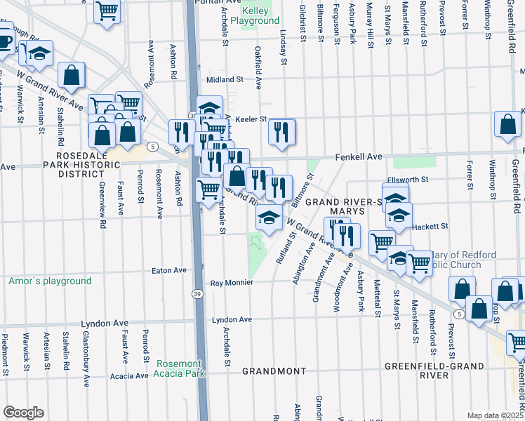 map of restaurants, bars, coffee shops, grocery stores, and more near 17455 Michigan 5 in Detroit