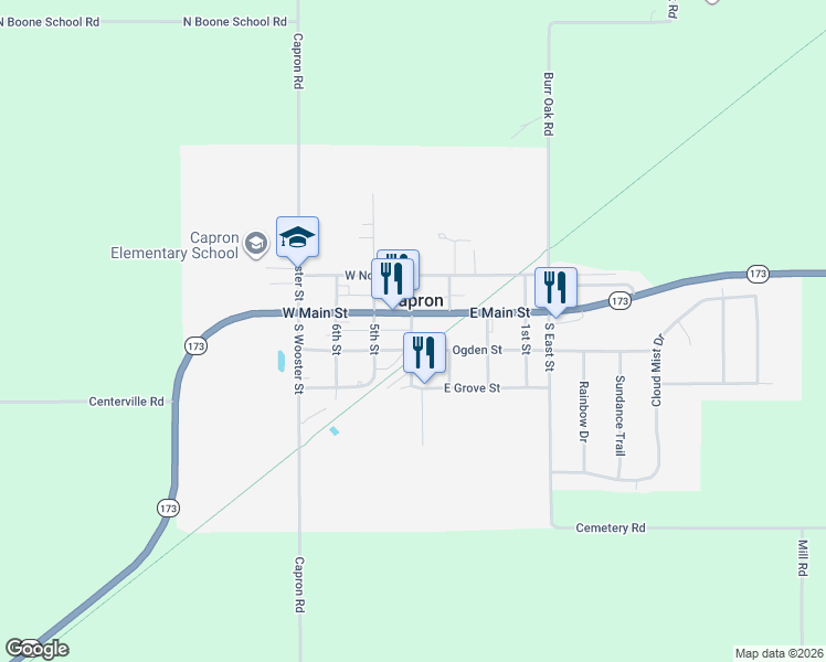 map of restaurants, bars, coffee shops, grocery stores, and more near 105 South 4th Street in Capron