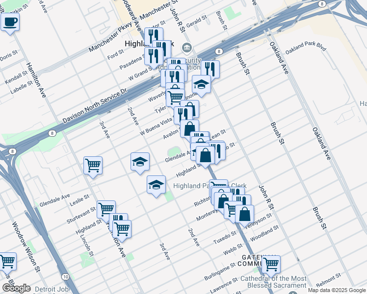map of restaurants, bars, coffee shops, grocery stores, and more near 44 Glendale Avenue in Highland Park