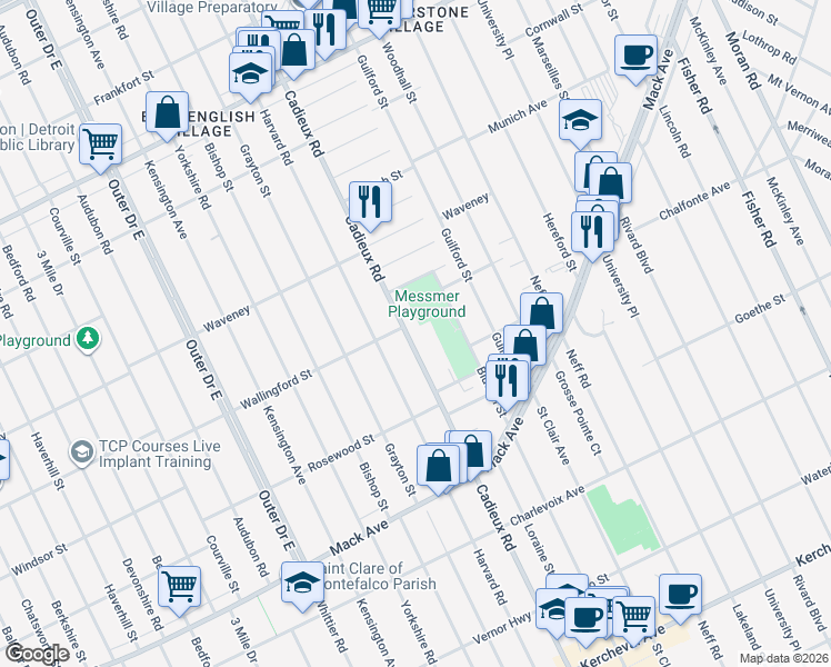 map of restaurants, bars, coffee shops, grocery stores, and more near 3950 Cadieux Road in Detroit