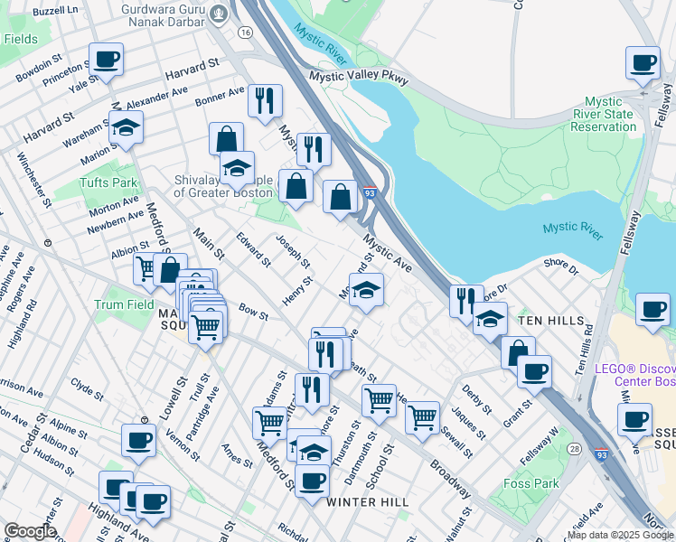map of restaurants, bars, coffee shops, grocery stores, and more near 77 Fremont Street in Somerville