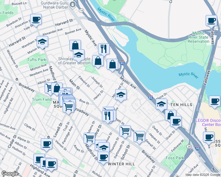 map of restaurants, bars, coffee shops, grocery stores, and more near 77 Fremont Street in Somerville